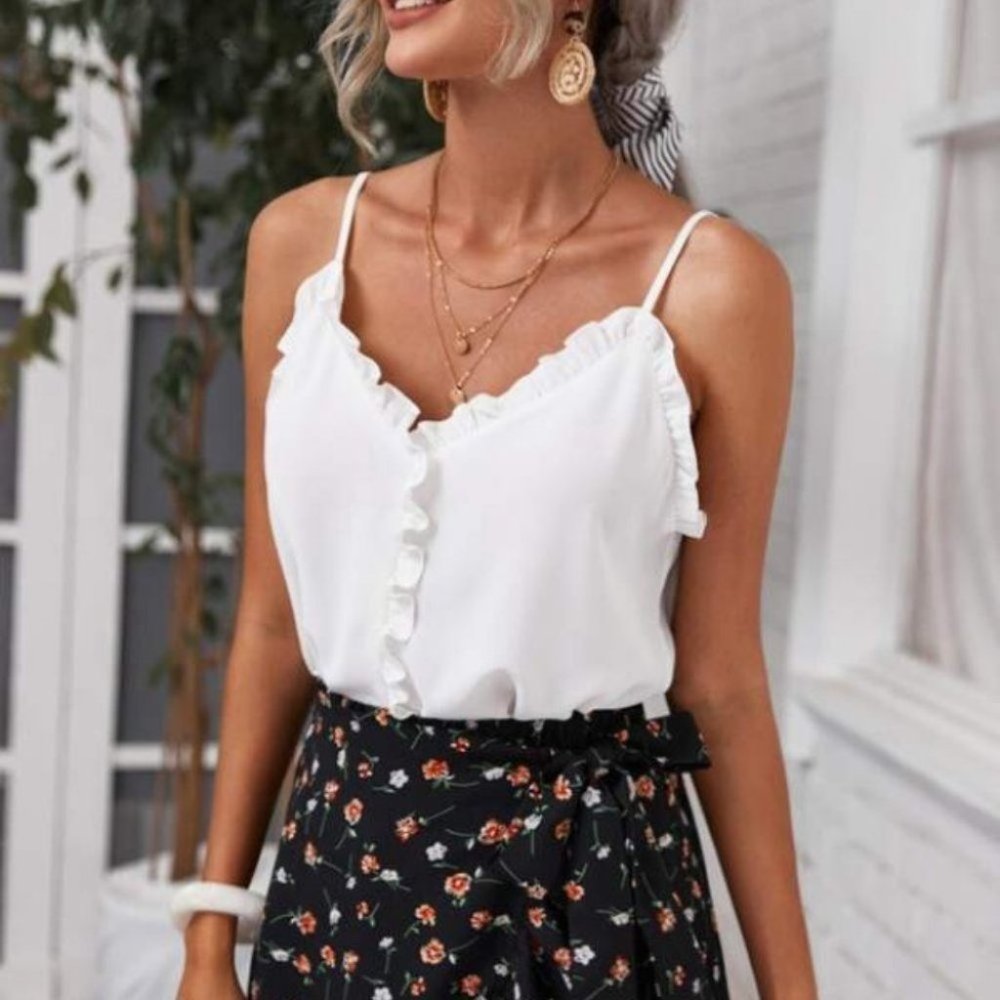 Boho  frill trim V neck cami top - Picture 3 of 5